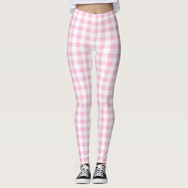 Elegant Rosa och White Gingham Mönster Leggings (Framsida)