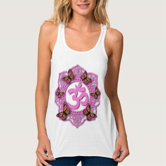Elegant rosa ohm mandala design rosa fjärilar linne med racerback  (Framsida)