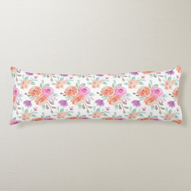 Elegant Rosa Orange Lila Vattenfärgsvit Blommigt   Kroppskudde (Framsidan)