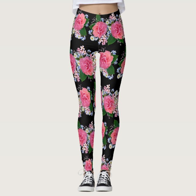 Elegant Rosa Orange Ro White Flower Black Leggings (Framsida)