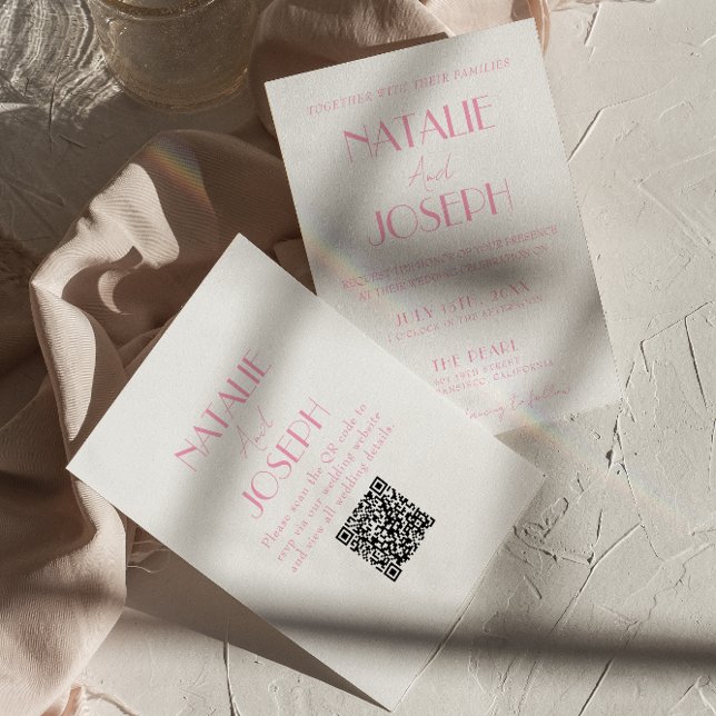 Elegant Rosa Orange Stilig QR-kod Bröllop Inbjudningar (Skapare uppladdad)