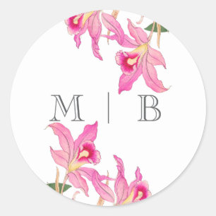 Elegant Rosa Orchid Blooms Initialer Monogram Runt Klistermärke