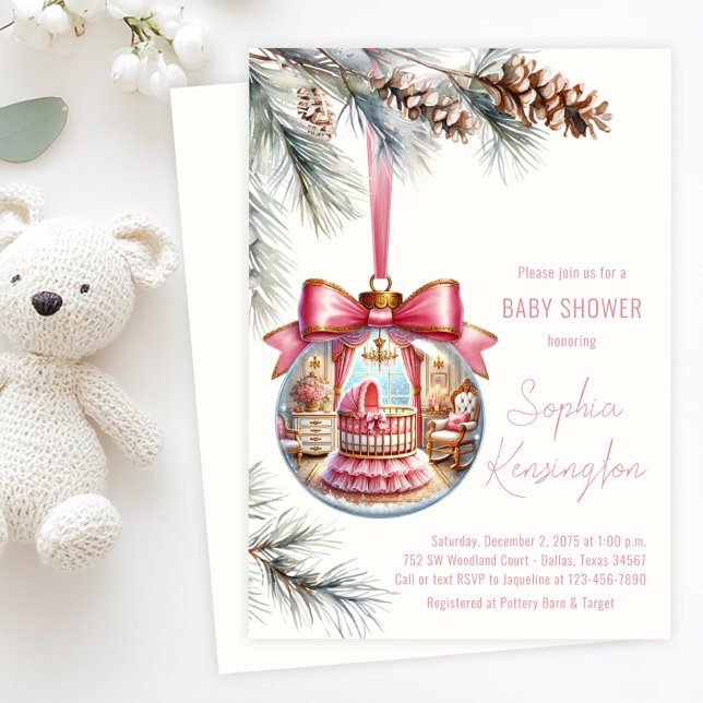 Elegant Rosa Ornament jul Baby Shower Inbjudningar (Girl Christmas tree ornament baby shower invitation with glass ornament with pink nursery scene. )
