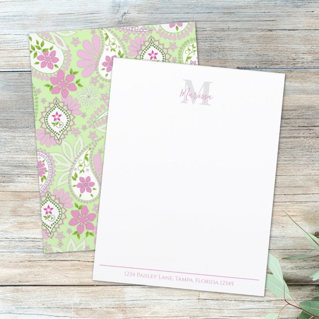 Elegant Rosa Paisley Snyggt Preppy Monogram Grönt (Skapare uppladdad)