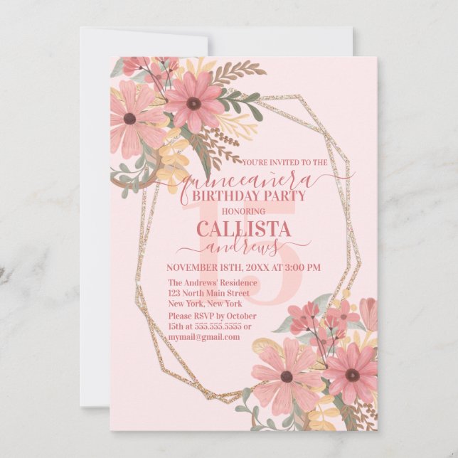Elegant Rosa Paked Flowers Glitter Quinceañera Inbjudningar (Framsida)