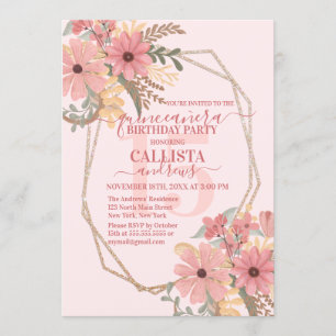Elegant Rosa Paked Flowers Glitter Quinceañera Inbjudningar