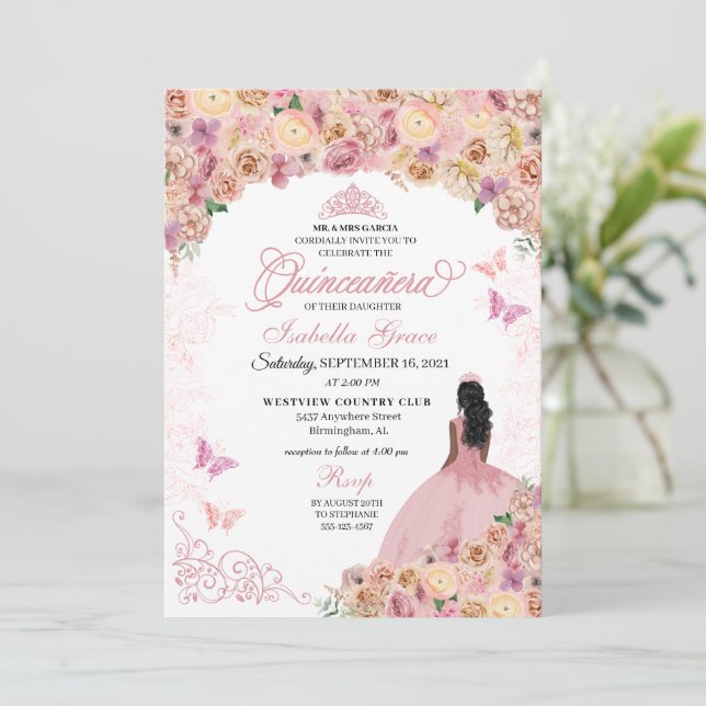 Elegant  Rosa Peach Blommigt Quinceanera Inbjudningar (Stående Fram)