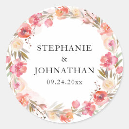 Elegant Rosa Peach Blommigt Vattenfärg Runt Klistermärke