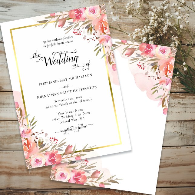 Elegant Rosa Peach Blommigt Watercolor Bröllop Gul Inbjudningar (Elegant Pink Peach Floral Watercolor Wedding Gold Invitation)