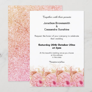 ELEGANT ROSA PEACH WHITE BLOMMIGT GLITTER BRÖLLOP INBJUDNINGAR