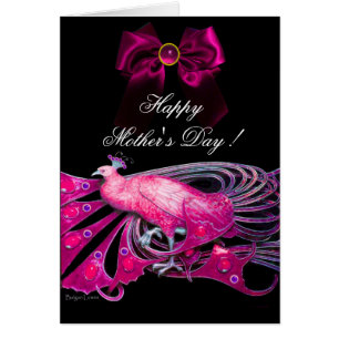 ELEGANT ROSA PEACOCK,BOW,GEM STONE,Mors dag Hälsningskort