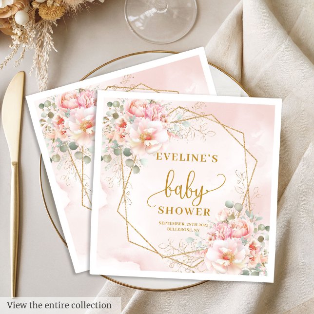 Elegant  rosa peonies babyduschluncheon pappersservett (Elegant blush pink peonies baby shower luncheon Napkins)
