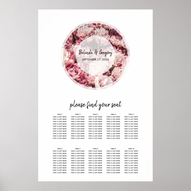 Elegant Rosa Peonies Bröllop Sittdiagram Poster (Framsidan)