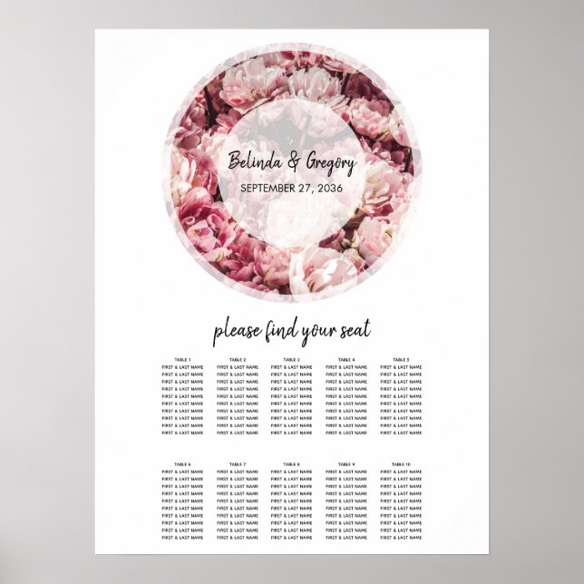 Elegant Rosa Peonies Bröllop Sittdiagram Poster (Framsidan)
