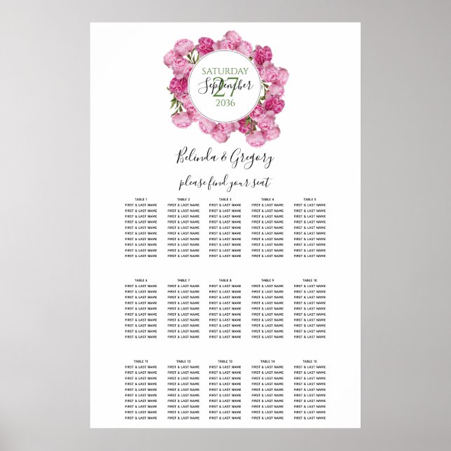 Elegant Rosa Peonies Bröllop Sittdiagram Poster (Framsidan)
