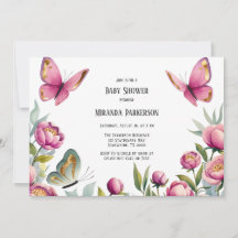 Elegant Rosa Peonies & Butterfly Girl Baby Shower