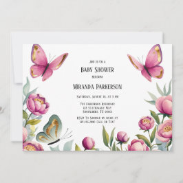 Elegant Rosa Peonies & Butterfly Girl Baby Shower Inbjudningar
