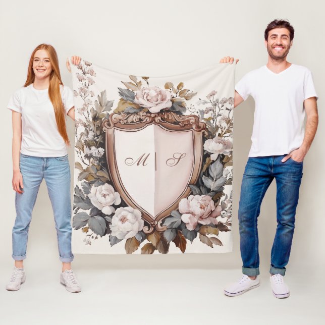 Elegant  Rosa Peonies Rococo Bröllop Vapensköld Fleecefilt (På plats)