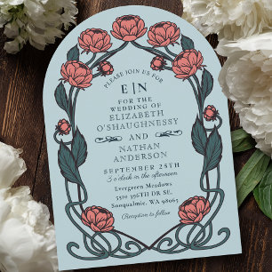 Elegant Rosa Peony Art nouveau Blommigt Bröllop Inbjudningar