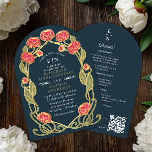 Elegant Rosa Peony Art Nouveau Bröllopsbåge QR  Inbjudningar