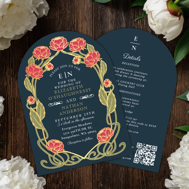 Elegant Rosa Peony Art Nouveau Bröllopsbåge QR  Inbjudningar (Skapare uppladdad)