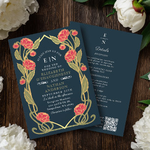 Elegant Rosa Peony Art Nouveau QR-kod Bröllop Inbjudningar