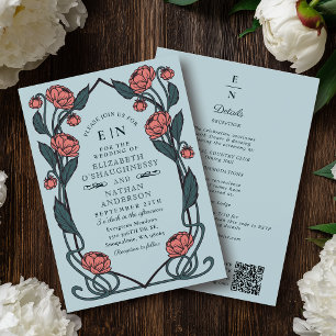 Elegant Rosa Peony Art Nouveau QR-kod Bröllop Inbjudningar