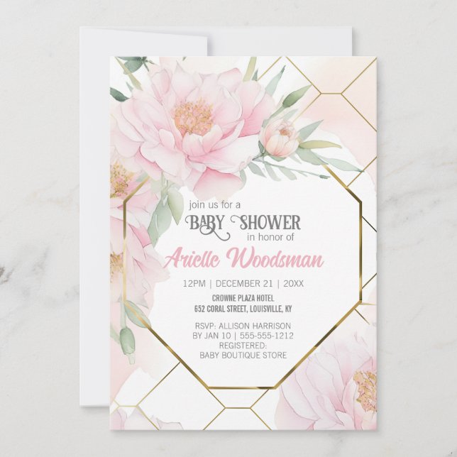 Elegant  Rosa Peony Baby Shower Watercolor Inbjudningar (Framsida)