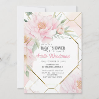 Elegant  Rosa Peony Baby Shower Watercolor Inbjudningar