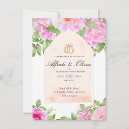 Elegant Rosa Peony Blommig Böjd Bröllopsinbjudan Inbjudningar