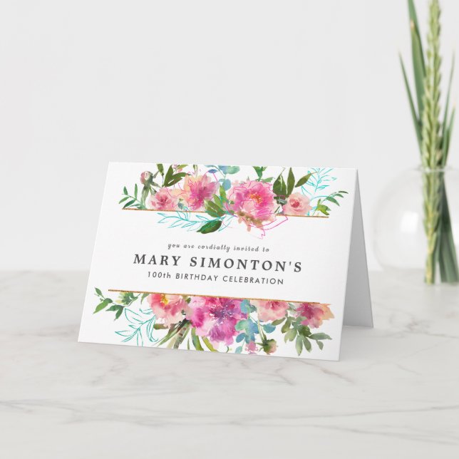 Elegant Rosa Peony Blommigt 100:e födelsedagen Inbjudan (Framsida)