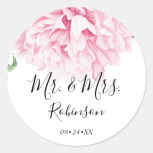 Elegant Rosa Peony Blommigt Botanical Bröllop Runt Klistermärke