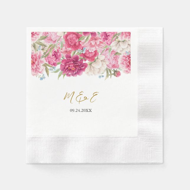 Elegant Rosa Peony Blommigt Bröllop Napkins Pappersservett (Framsidan)