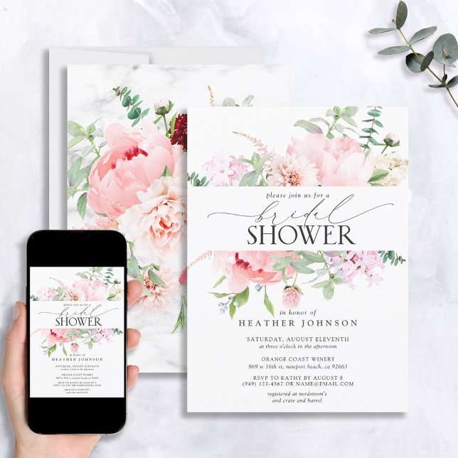 Elegant Rosa Peony Blommigt Calligraphy Shower Inbjudningar (Skapare uppladdad)