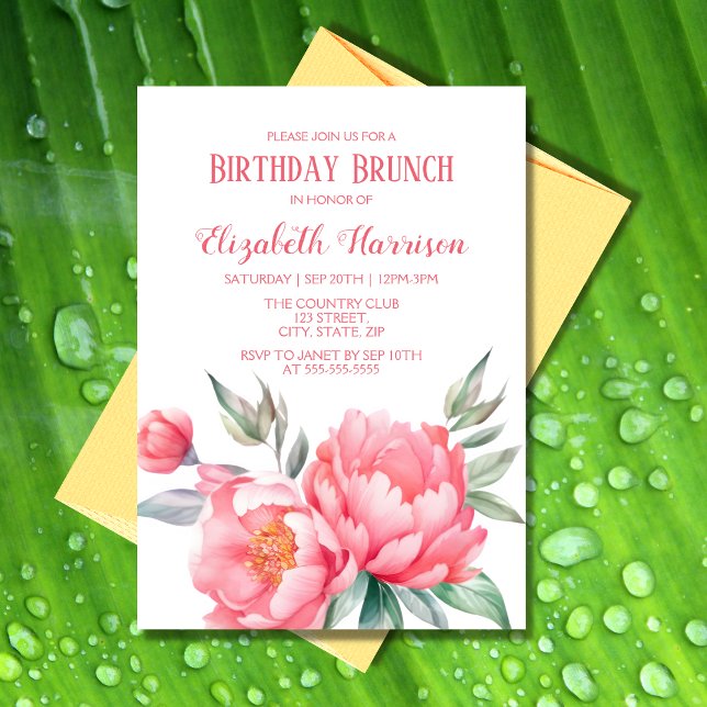 Elegant Rosa Peony Botanical Birthday Brunch Inbjudningar (Skapare uppladdad)