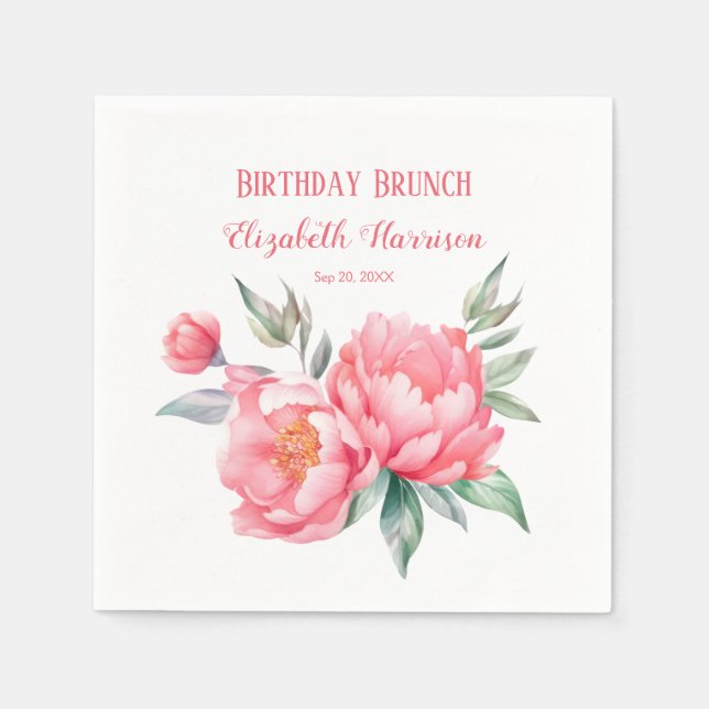 Elegant Rosa Peony Botanical Birthday Brunch Pappersservett (Framsidan)