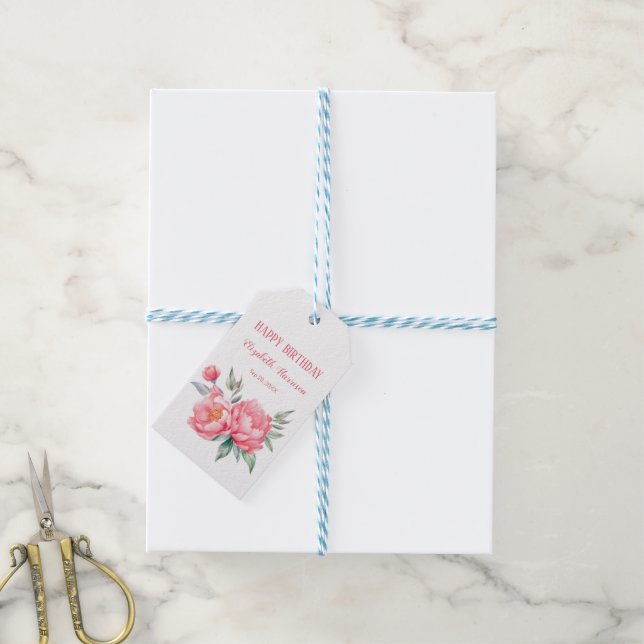 Elegant Rosa Peony Botanical Birthday Brunch Presentetikett (Med Snöre)