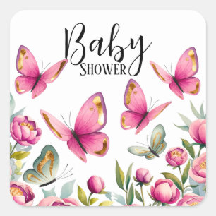 Elegant Rosa Peony & Butterflies Girl Baby Shower Fyrkantigt Klistermärke