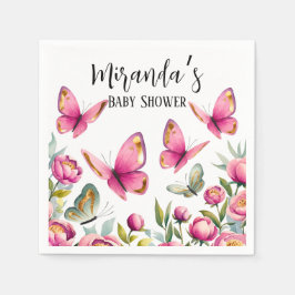 Elegant Rosa Peony & Butterflies Girl Baby Shower Pappersservett
