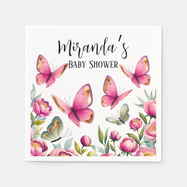 Elegant Rosa Peony & Butterflies Girl Baby Shower Pappersservett (Framsidan)