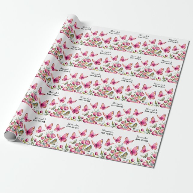 Elegant Rosa Peony & Butterflies Girl Baby Shower Presentpapper (Utrullad)