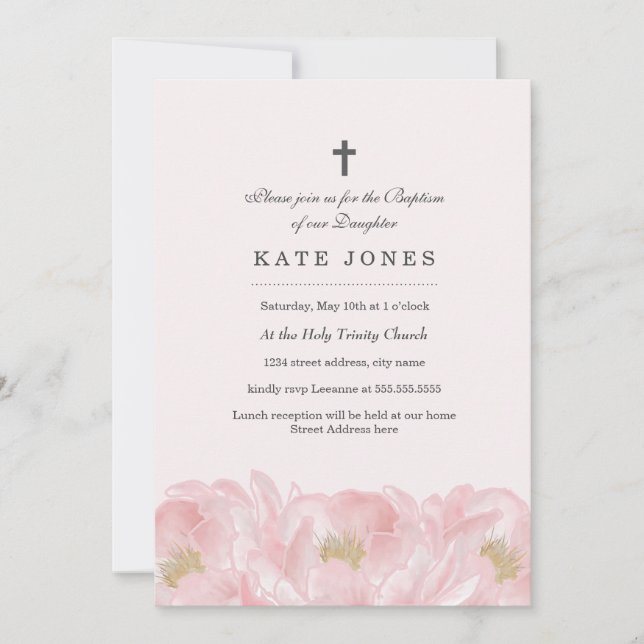 Elegant rosa peony dopinvitation inbjudningar (Framsida)