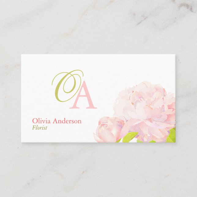 Elegant Rosa Peony Florist Monogram Visitkort (Framsida)