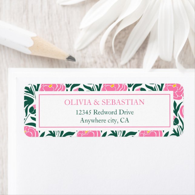 Elegant Rosa Peony Flowers Bröllop Returadress Etikett (Insitu)