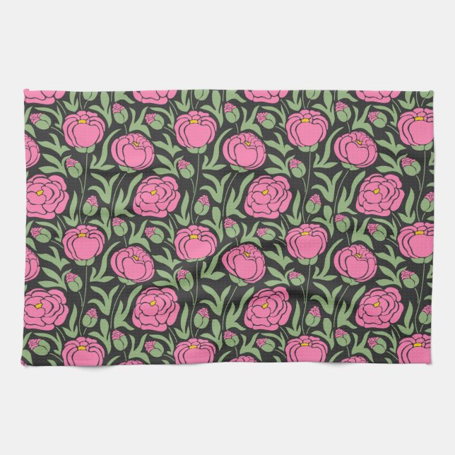Elegant Rosa Peony Flowers Kökshandduk (Horisontell)