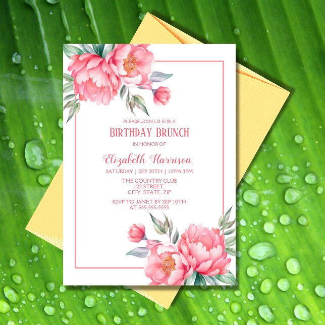 Elegant Rosa Peony Greenery Birthday Brunch Inbjudningar (Skapare uppladdad)