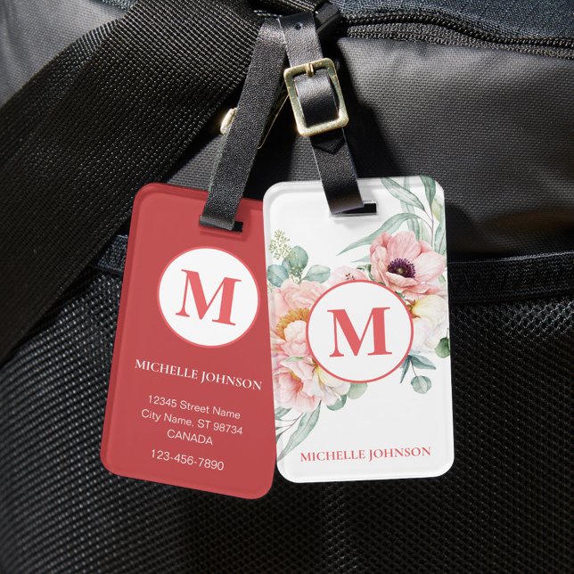 Elegant Rosa Peony med Monogram Luggage Tag Bagagebricka (Skapare uppladdad)