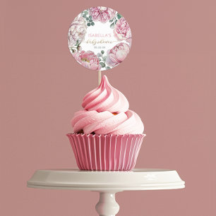 Elegant Rosa Peony och Greenery Girl Baby Shower F Runt Klistermärke