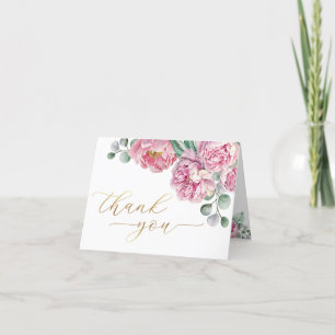 Elegant Rosa Peony och Guld Greenery Baby Sh Tack Kort