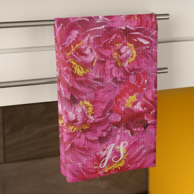 Elegant Rosa Peony Snyggt Calligraphy Monogram Kökshandduk (Skapare uppladdad)